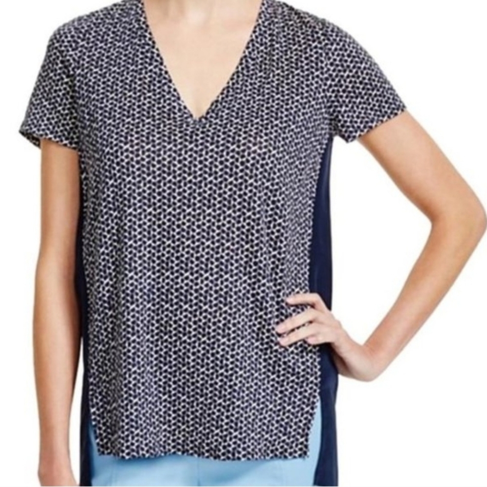 Tory Burch Tessera Navy Blue Linen Silk Short Sleeve Top Shirt Small